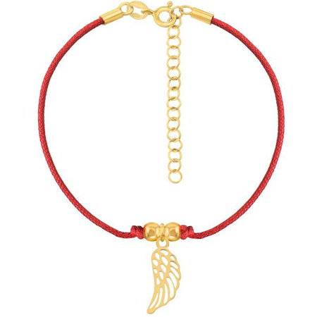 A rope bracelet with a wing on a red string and a gold-plated clasp